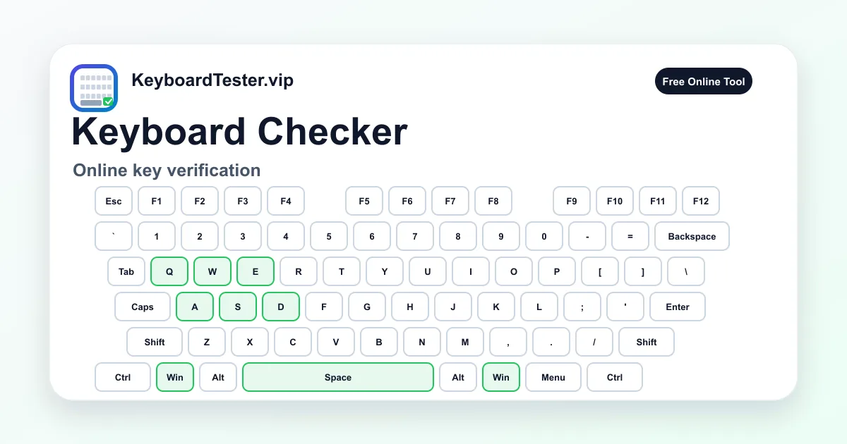 Keyboard checker visual card showing a full keyboard layout with validated keys